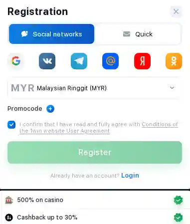 1win registration via social media